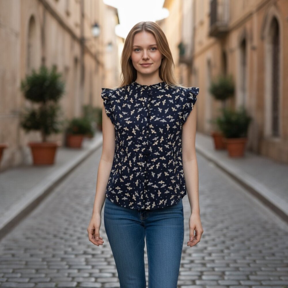 LOFT Navy Bee Print Ruffle Sleeveless Blouse | Medium